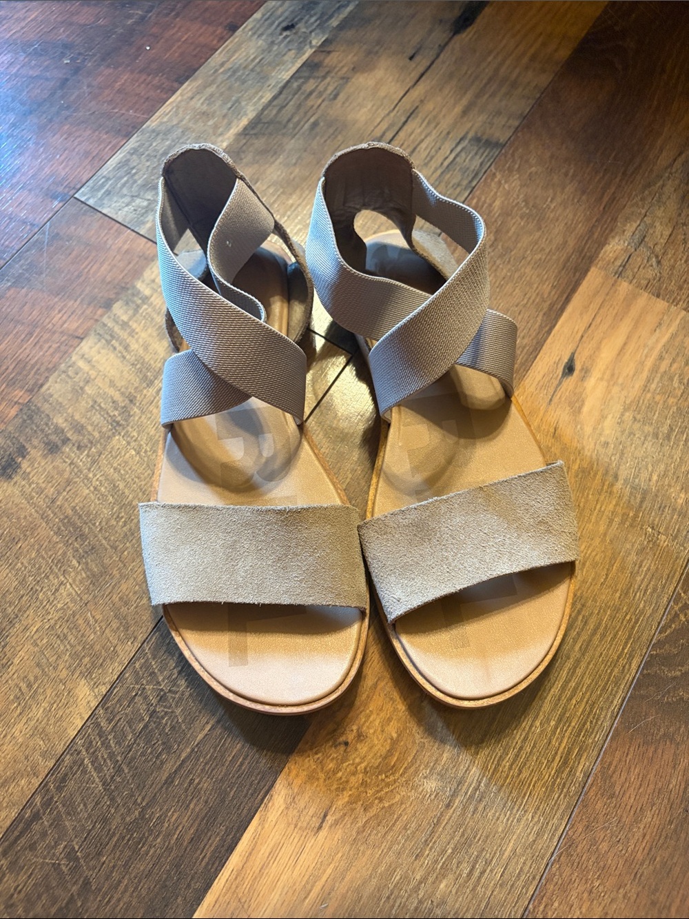 Sorel Taupe Crisscross Elastic Sandals